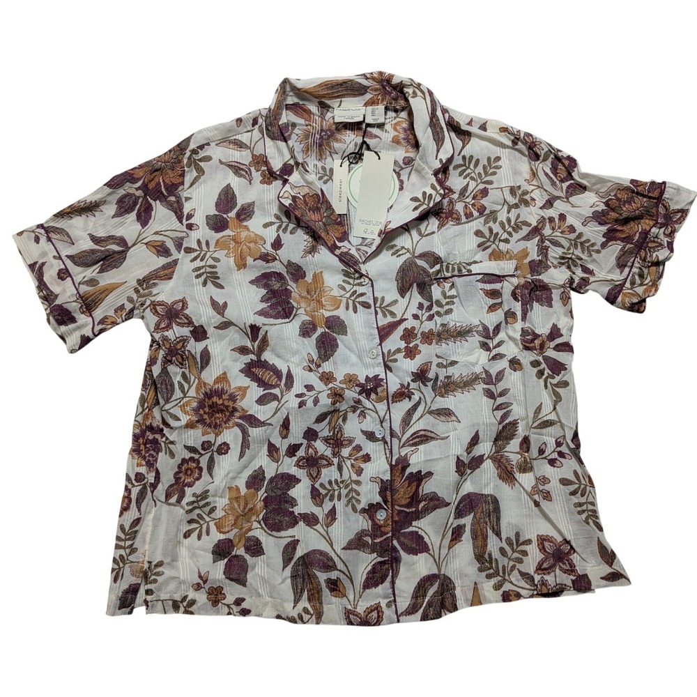 Rachel Zoe Organic Cotton Floral Pajama Top Button Down Short Sleeve Large NEW